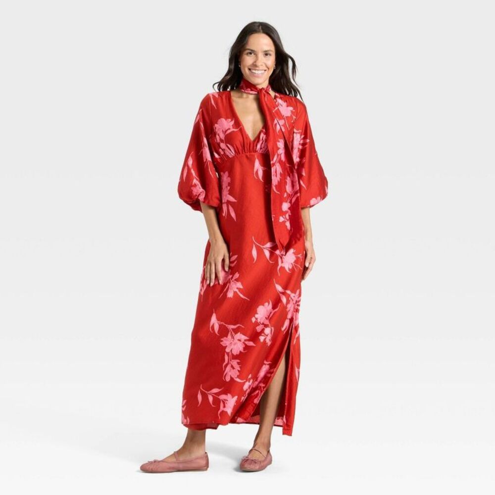 Women's Tie Neck Maxi Dress - A New Day Red Floral M - Picture 3 of 4